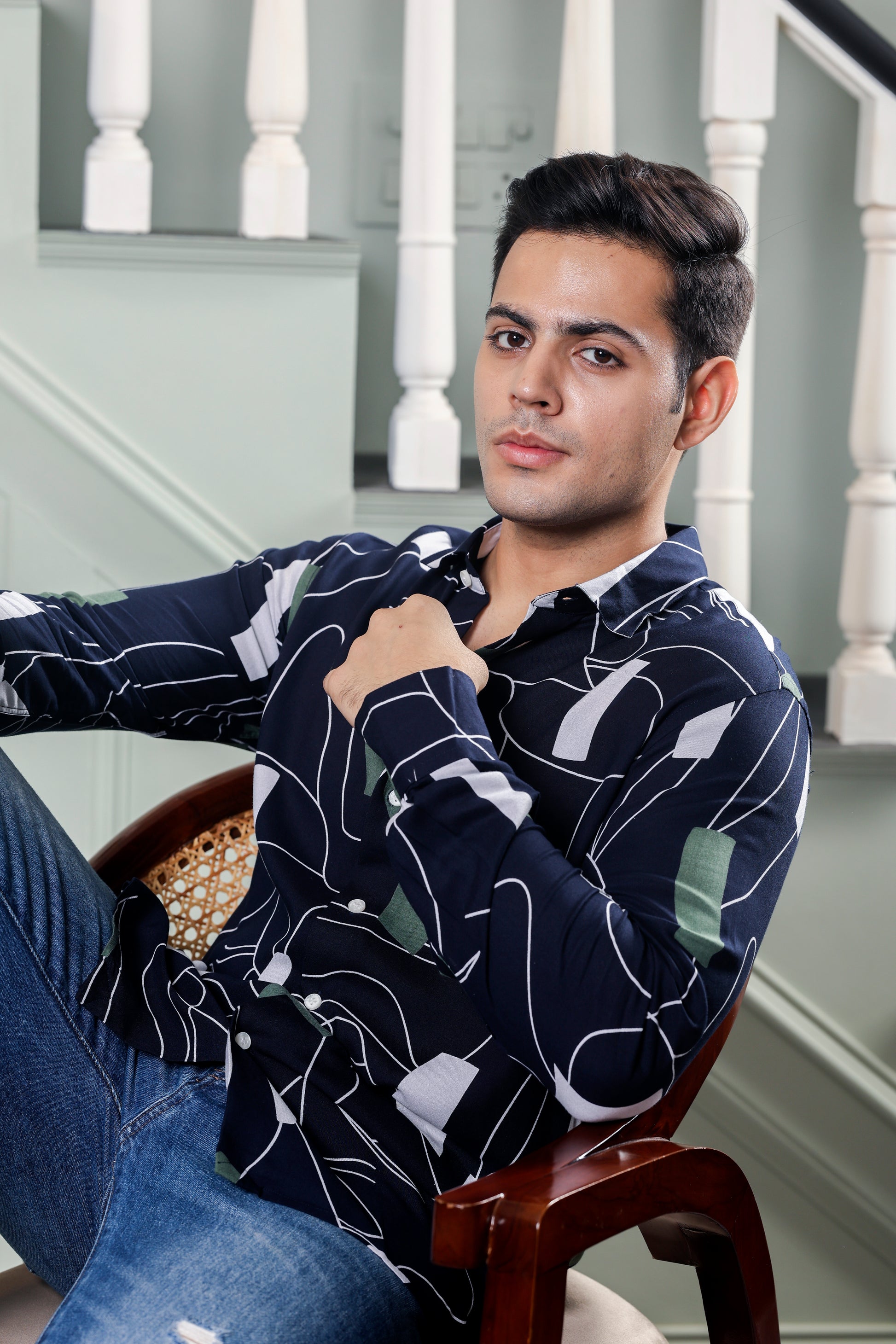 A-line Viscose Rayon Navy Blue Shirt