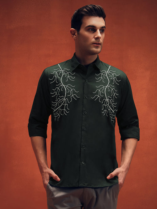 Embroidery Pure Cotton Dark Green Shirt