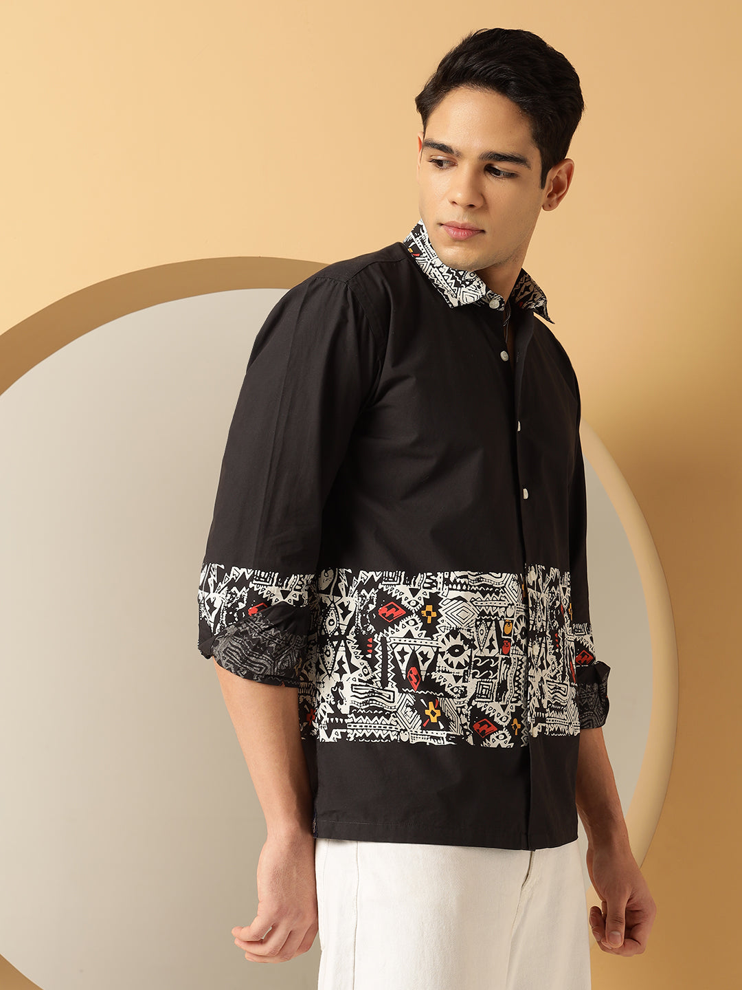Geometric Print Cotton Black Shirt