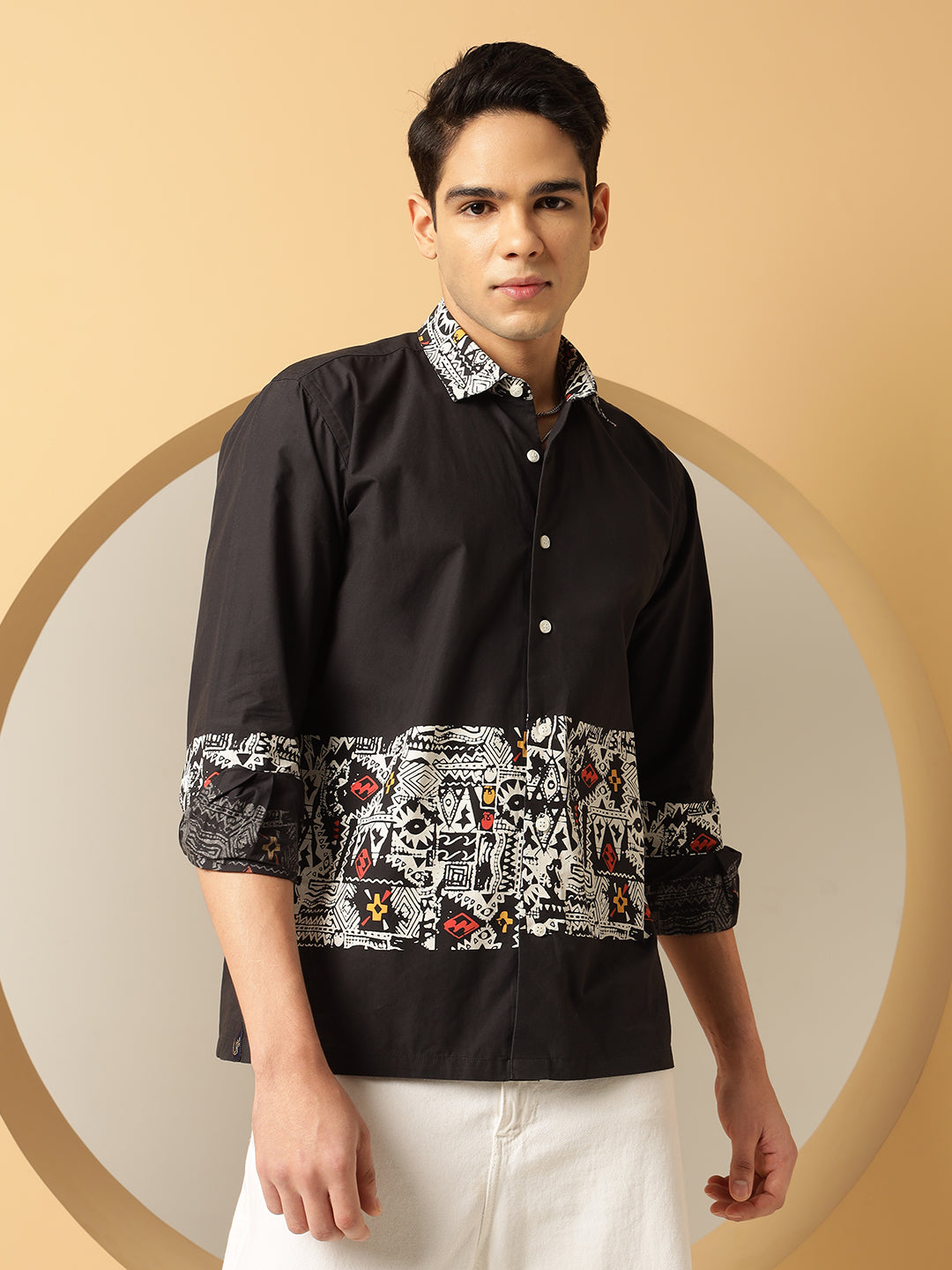 Geometric Print Cotton Black Shirt