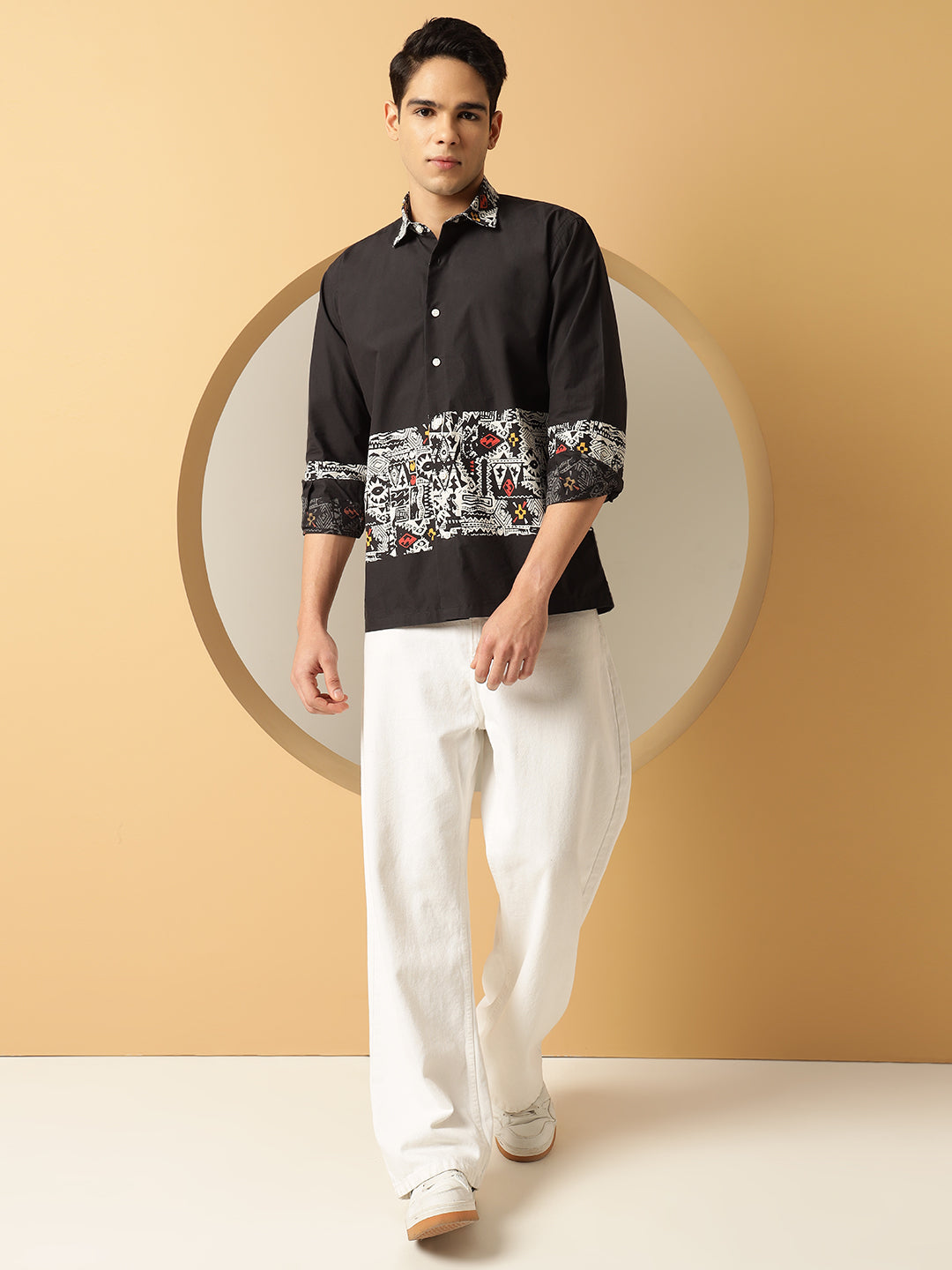 Geometric Print Cotton Black Shirt