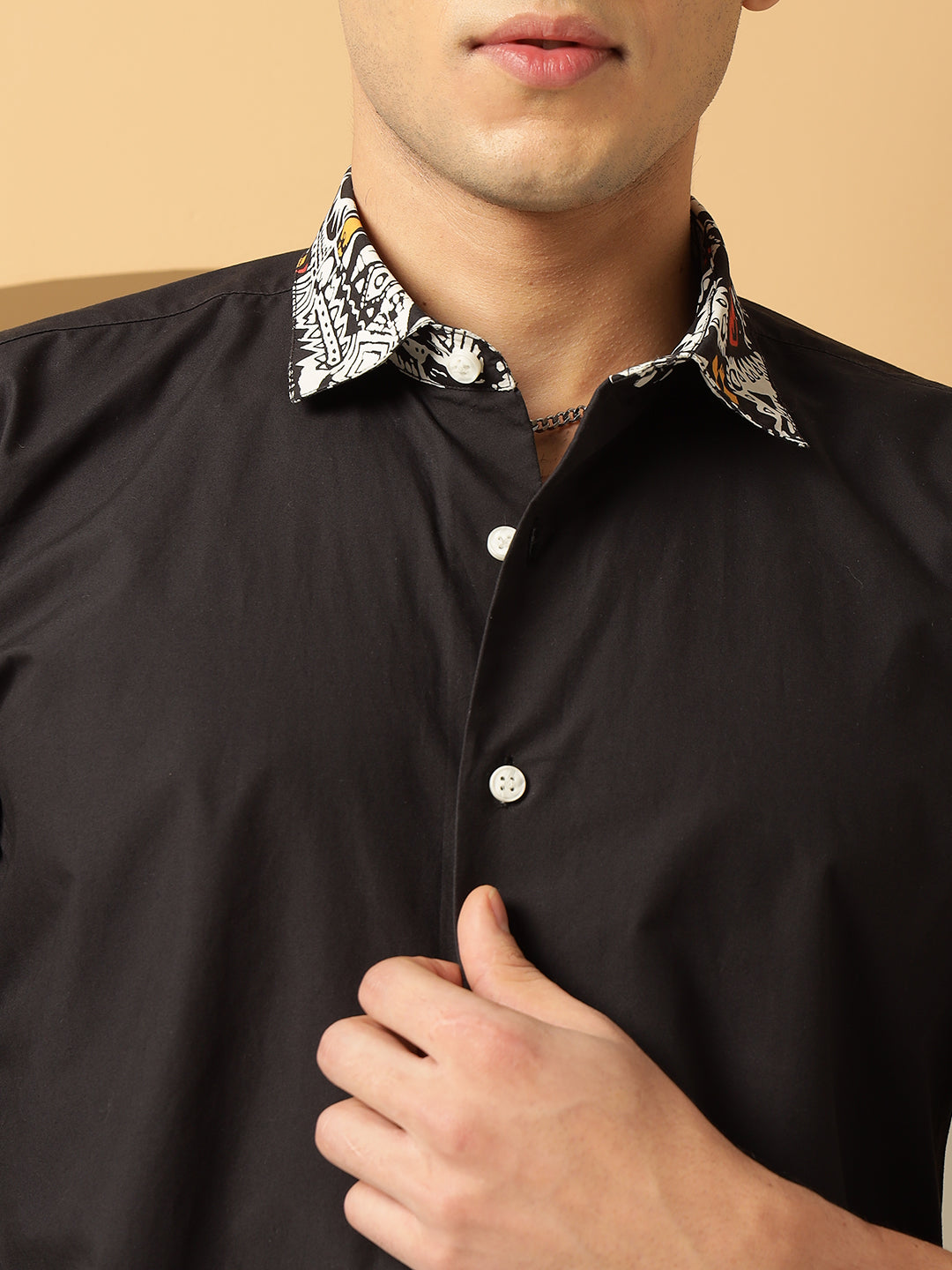 Geometric Print Cotton Black Shirt
