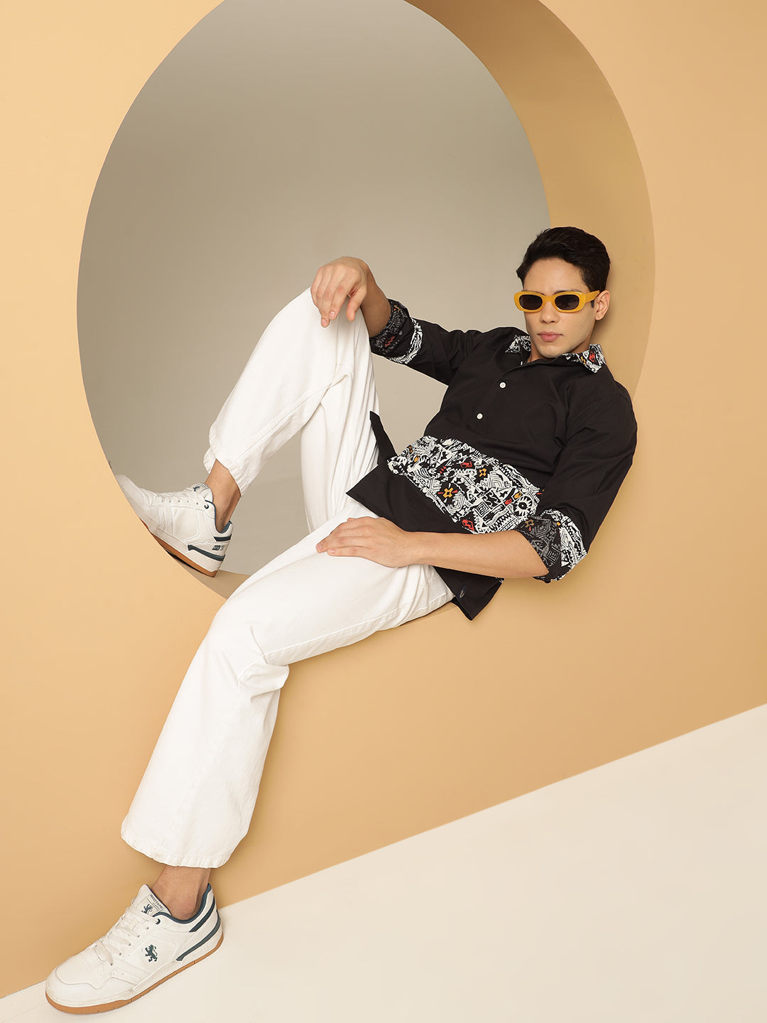 Geometric Print Cotton Black Shirt