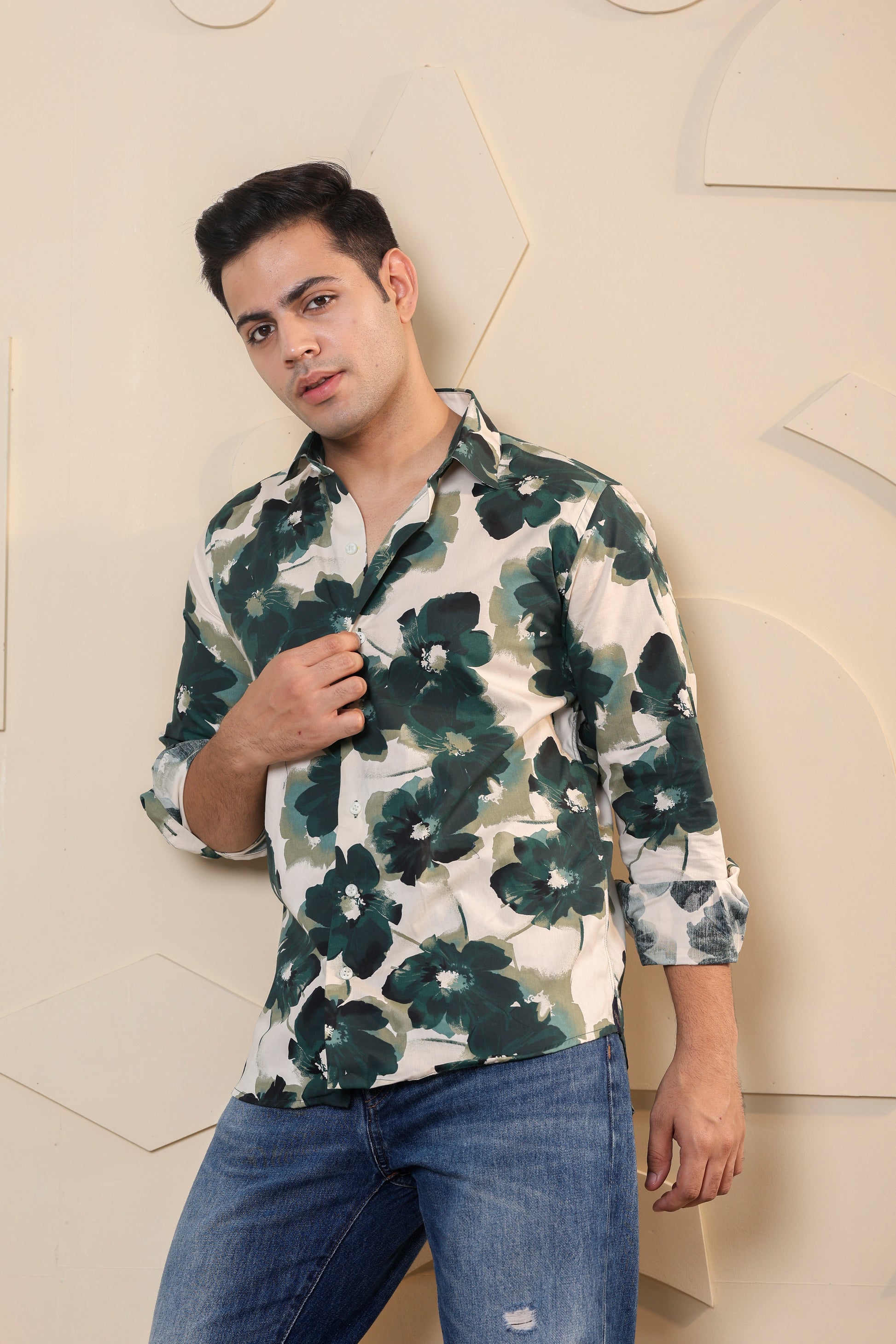 Floral Pure Cotton Green Shirt