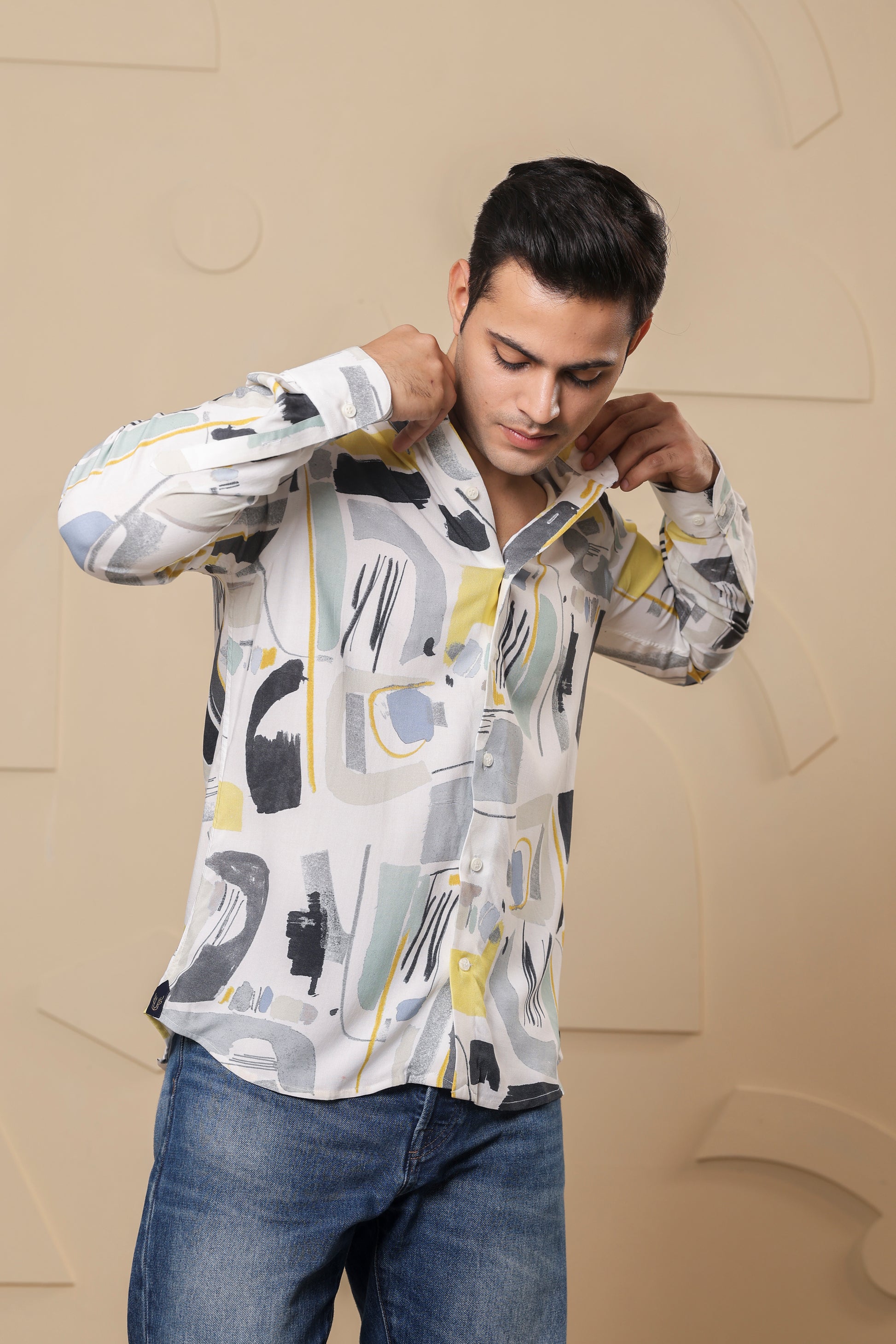 Geometric Print Viscose Rayon White Shirt
