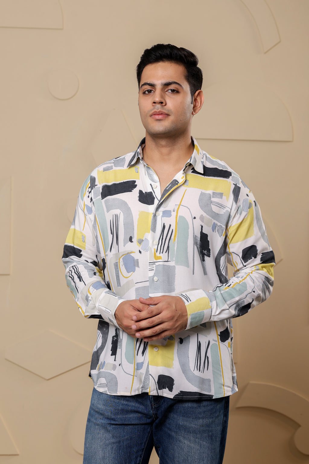 Geometric Print Viscose Rayon White Shirt