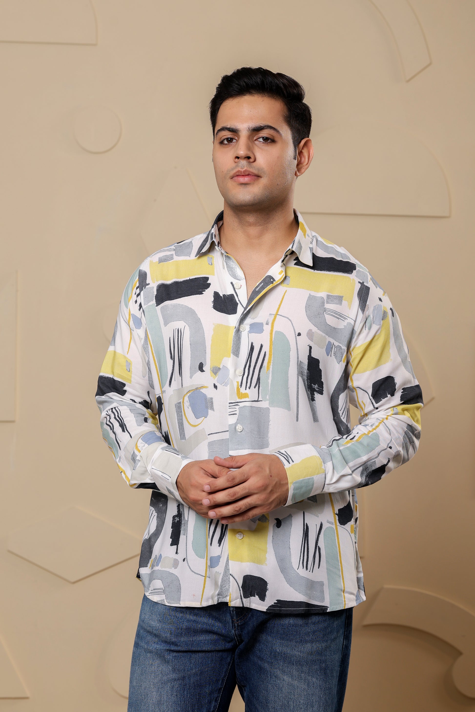 Geometric Print Viscose Rayon White Shirt
