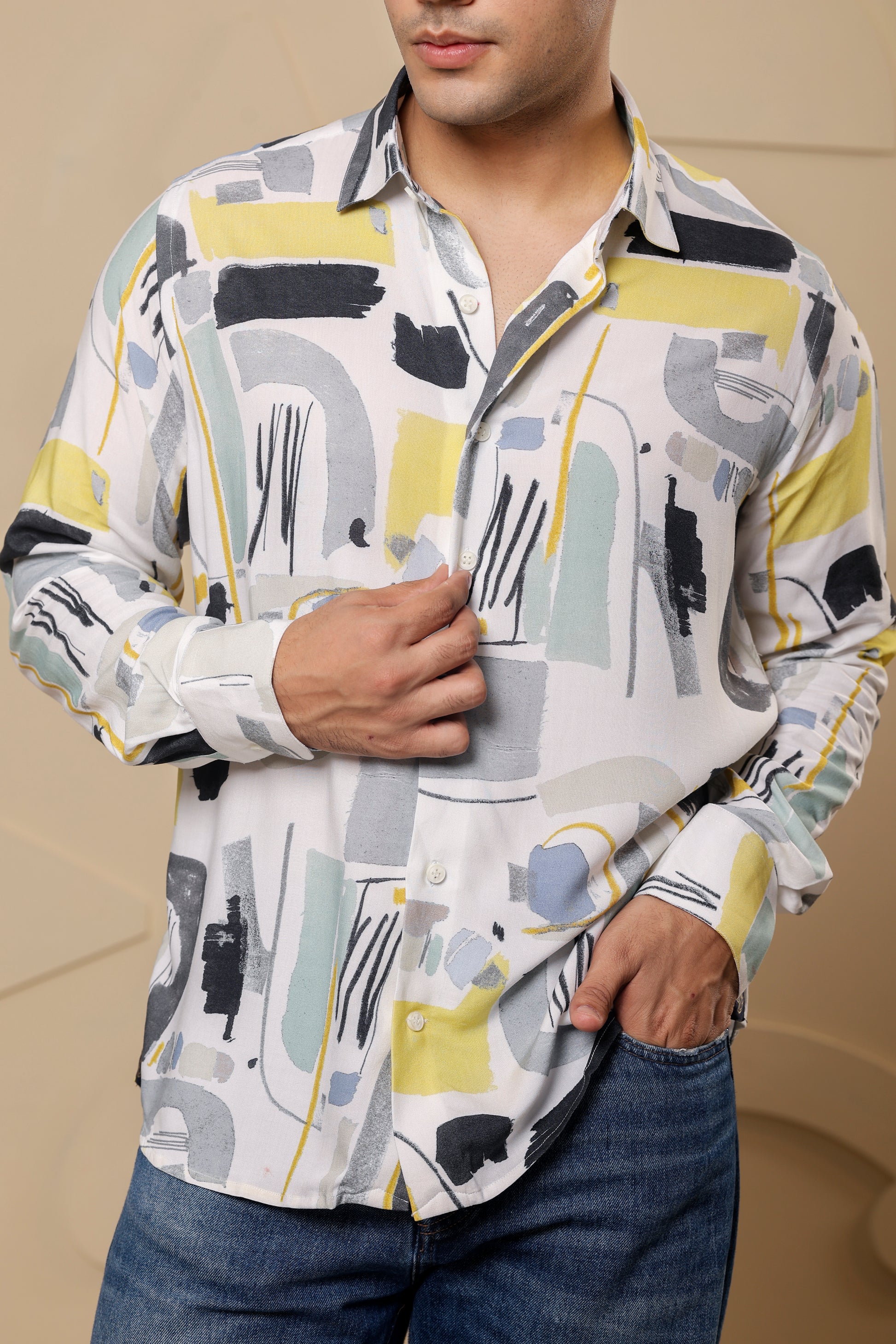 Geometric Print Viscose Rayon White Shirt