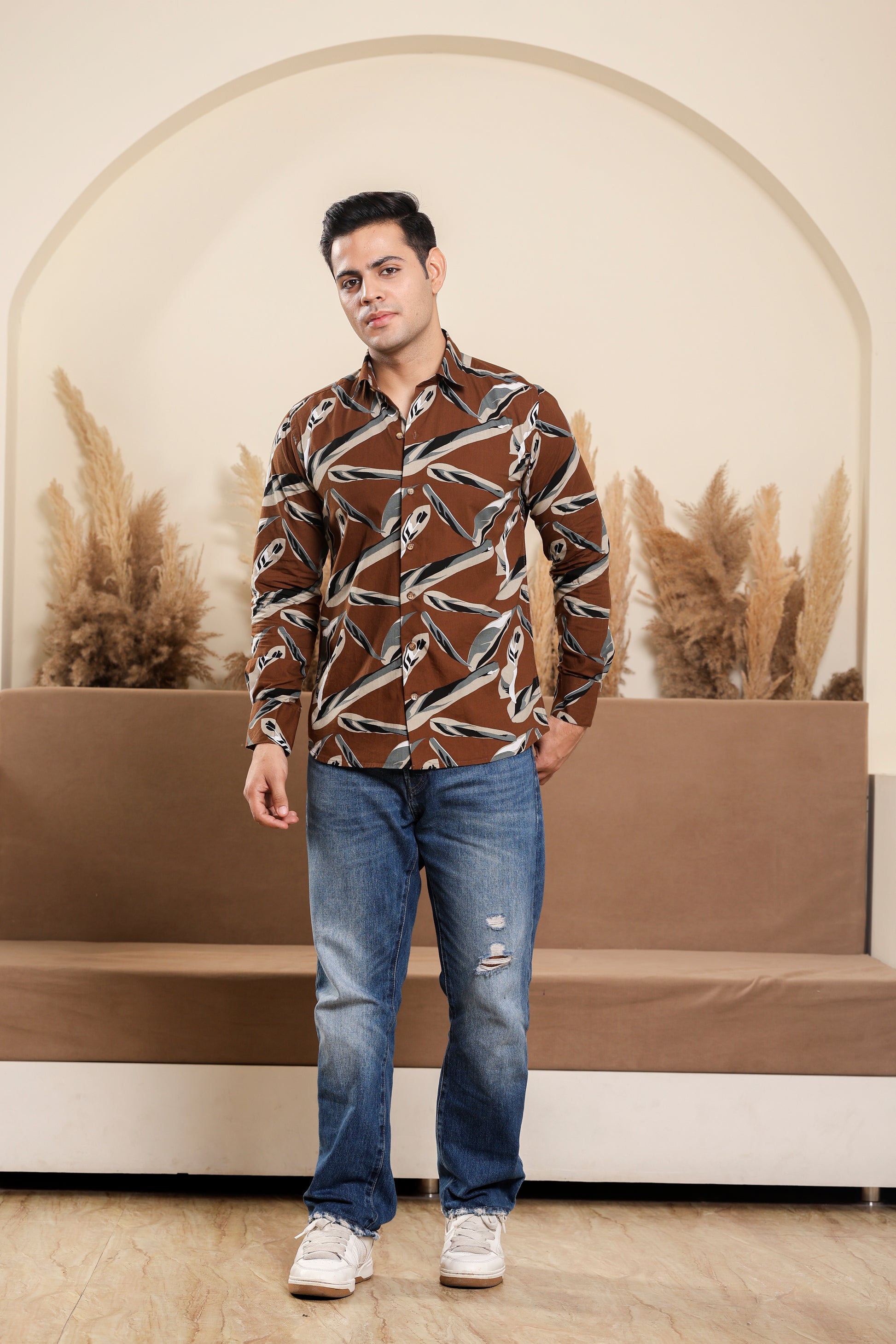 Tropical Pure Cotton Brown Shirt