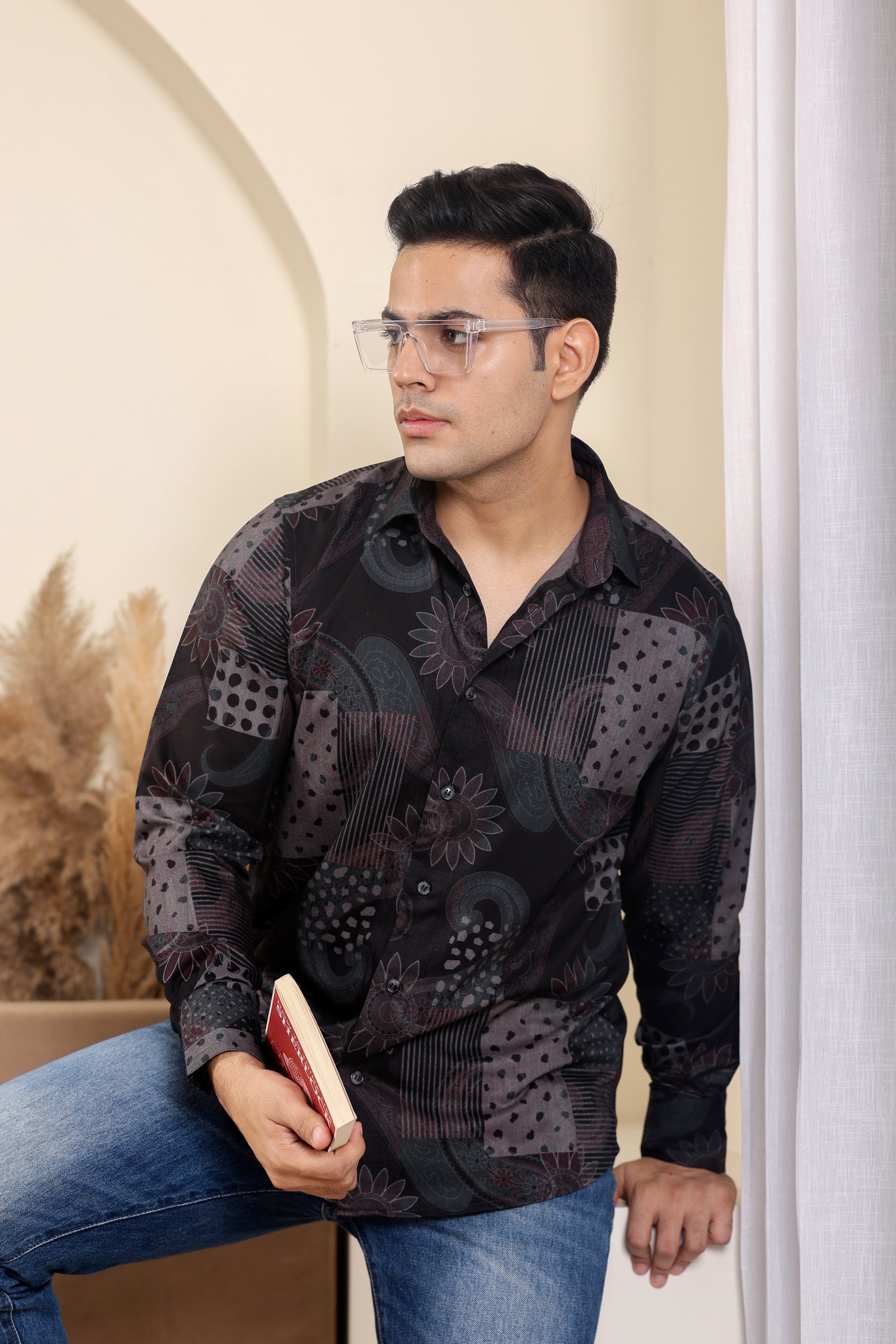 Ajrakh Viscose Rayon Black Shirt