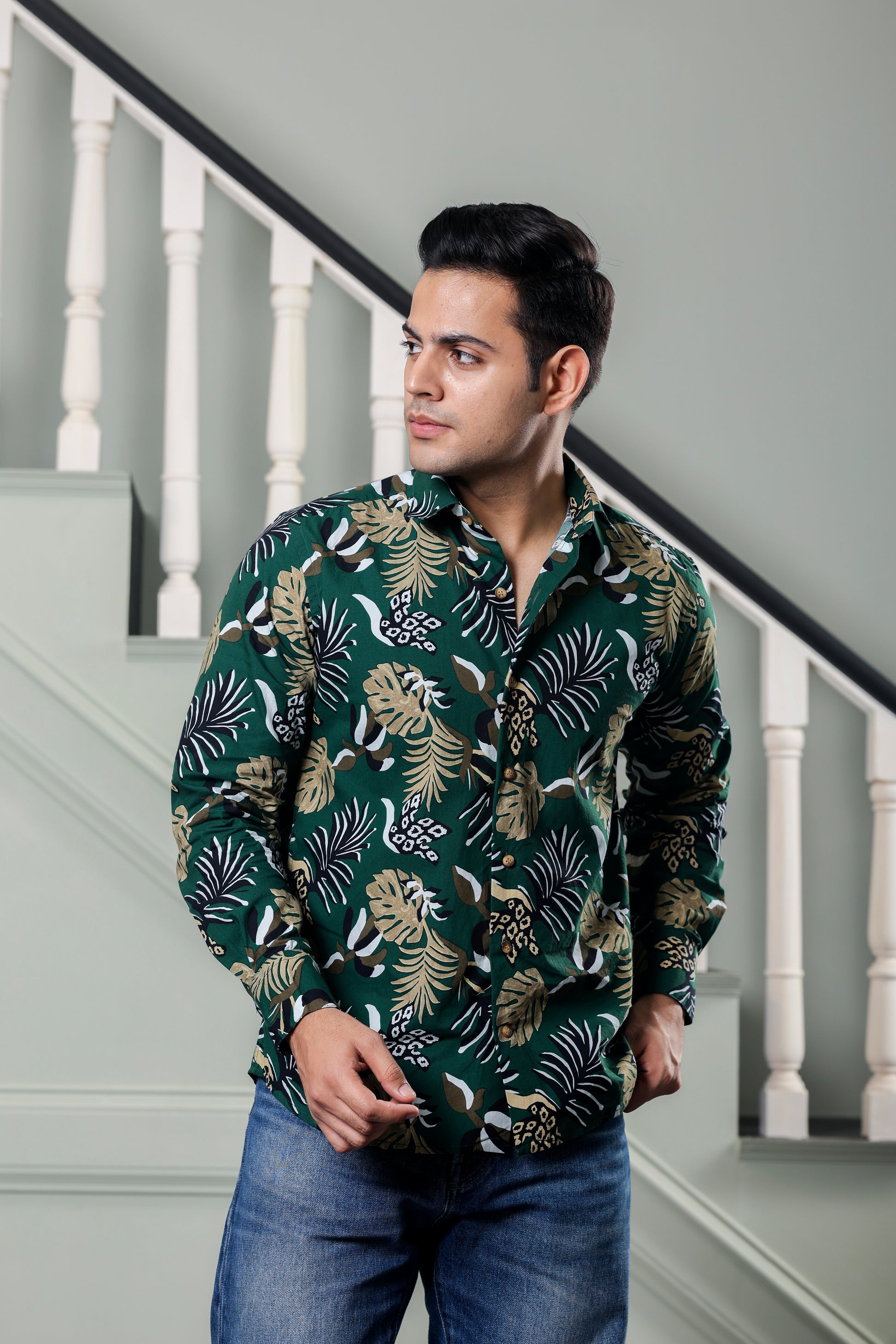 Tropical Pure Cotton Green Shirt
