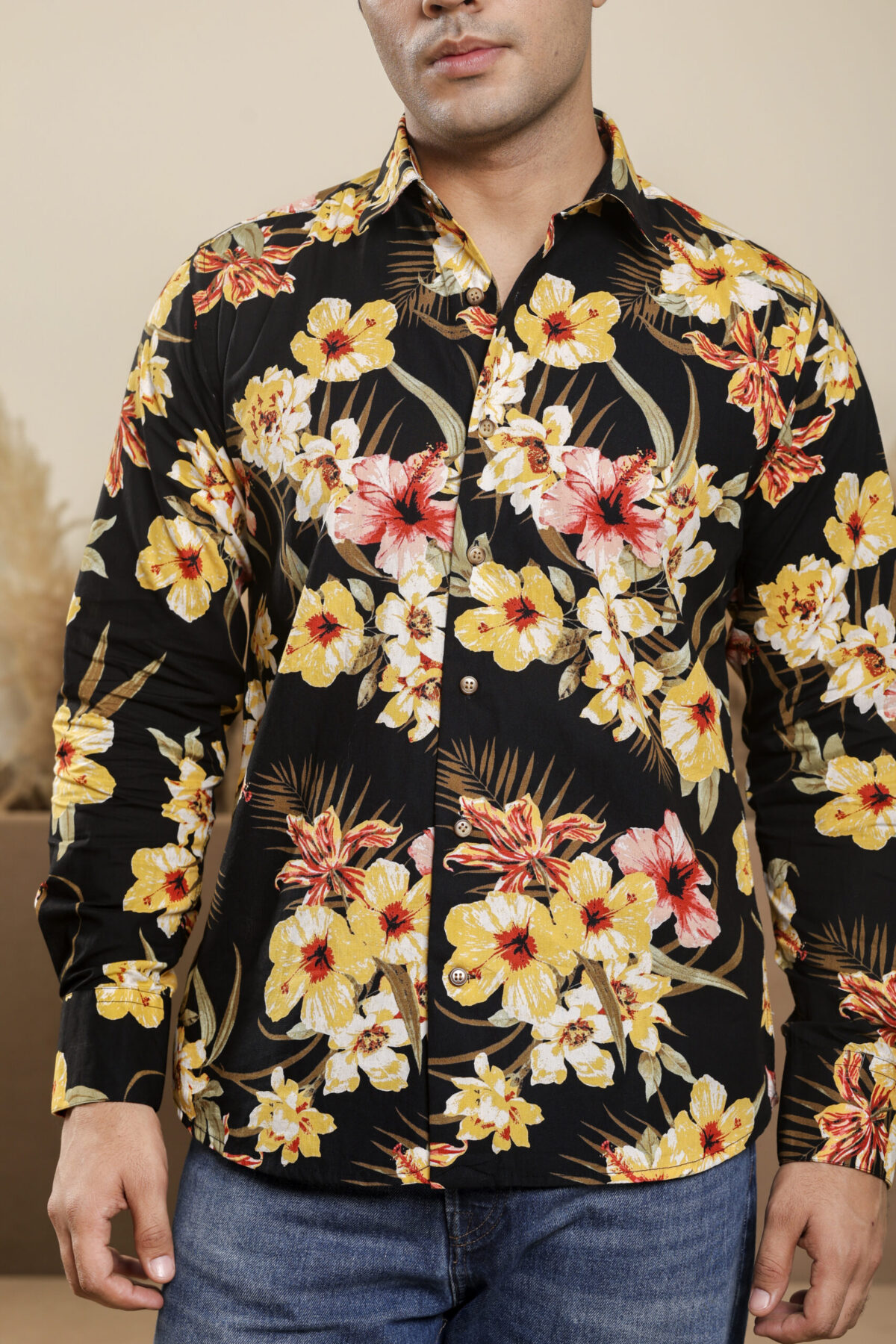 Yellow Floral Black Shirt